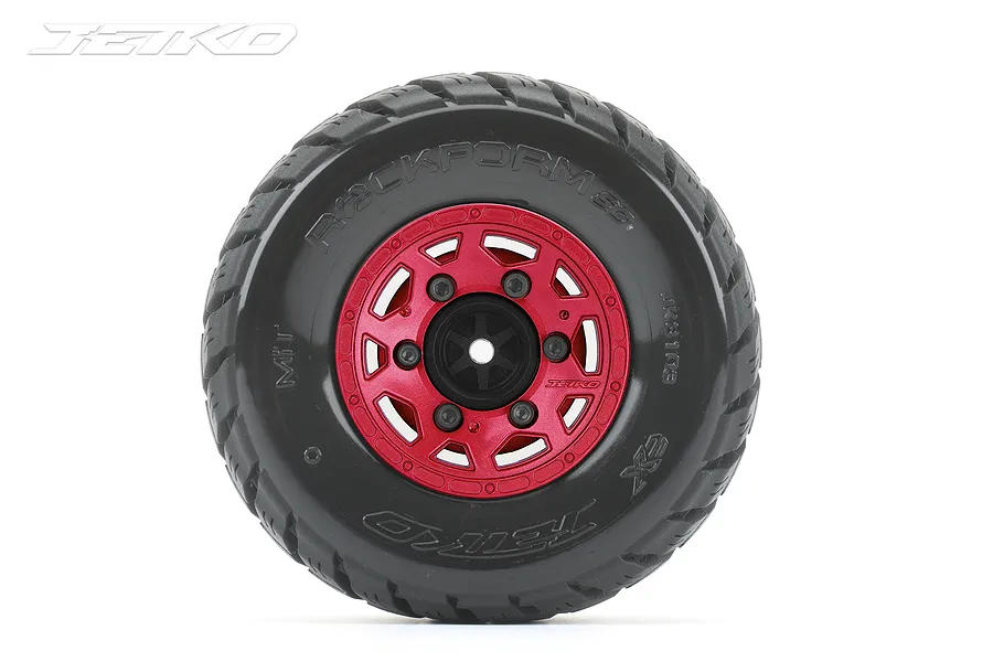 A single Jetko Rockform SC RC short course tyre mounted on a red metal Claw rim, viewed from the front against a white background.