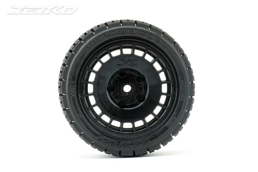 A single Jetko 1.9 inch Avantgarde rally tyre mounted on a black multi-spoke Radia rim against a white background.