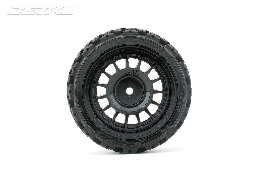 A single Jetko 1.9 inch Couragia rally tyre mounted on a black multi-spoke RC wheel against a white background.