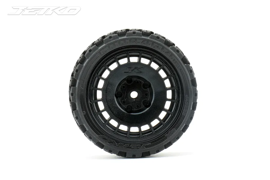 A single Jetko 1.9 inch Couragia super soft rally tyre mounted on a black Radia rim, viewed from the front against a white background.