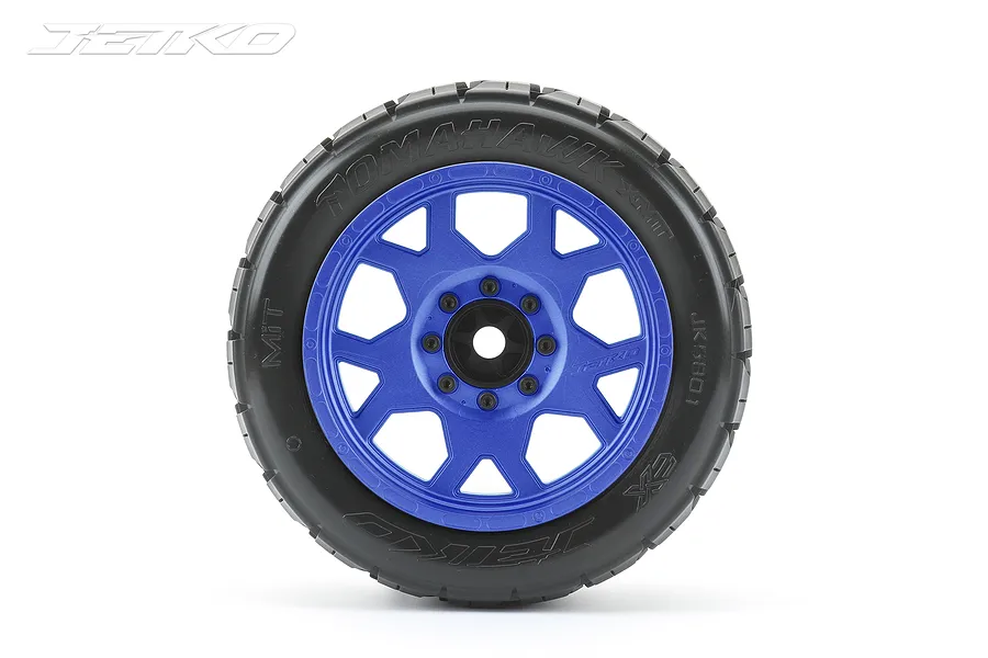 Jetko 5.3&amp;quot; Tomahawk XMT Medium Soft Belted Tyres on Metal Blue Claw Rims - Glued Wheels 2Pcs image 77999