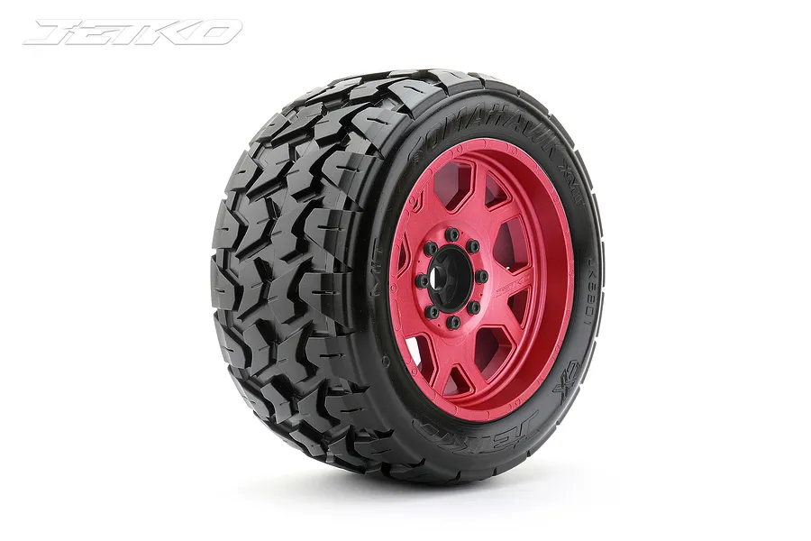 Jetko 5.3&amp;quot; Tomahawk XMT Medium Soft Belted Tyres on Metal Red Claw Rims - Glued Wheels 2Pcs image 78008