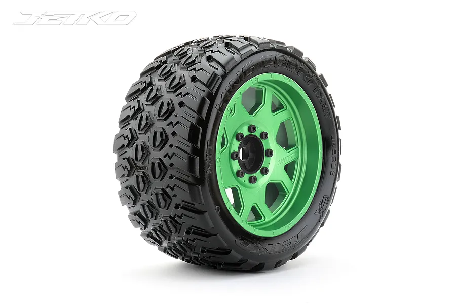 Jetko 5.3&amp;quot; King Cobra XMT Medium Soft Belted Tyres on Metal Green Claw Rims - Glued Wheels 2Pcs image 78018