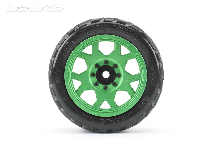 Jetko 5.3&amp;quot; King Cobra XMT Medium Soft Belted Tyres on Metal Green Claw Rims - Glued Wheels 2Pcs image 78019