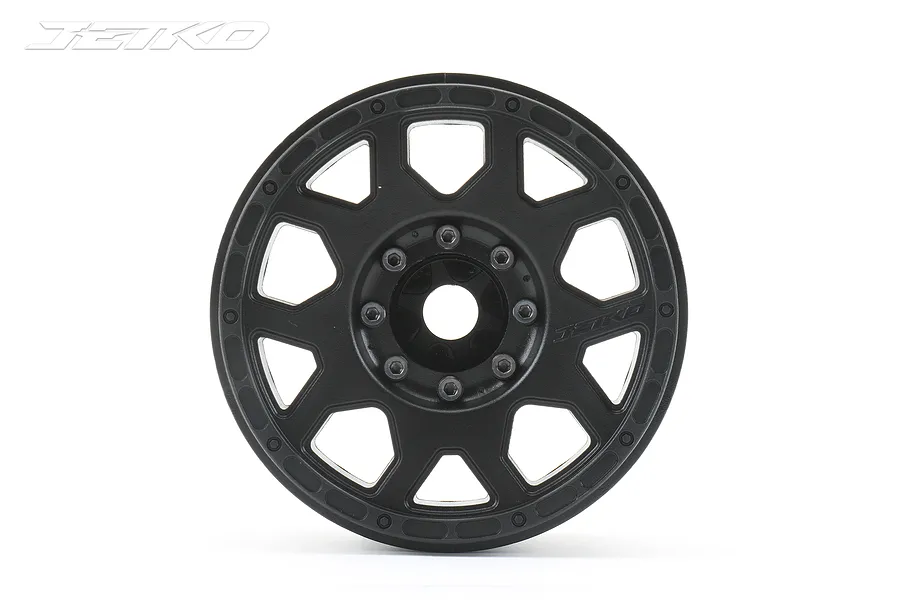 A single black Jetko 3.8 inch RC monster truck wheel rim viewed from the front against a white background.
