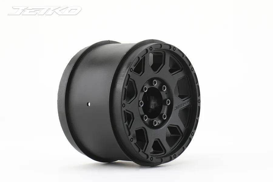 A single black Jetko 3.8-inch EX SGT monster truck rim shown from a three-quarter angle against a white background.
