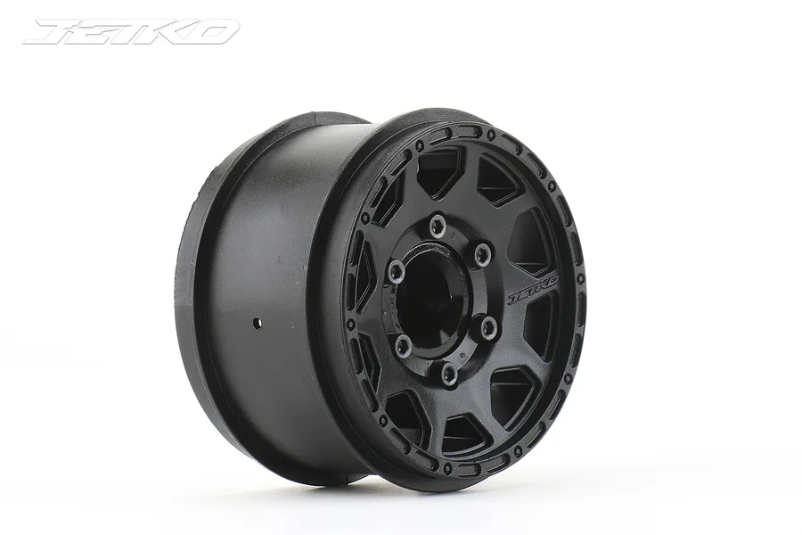 A single black 2.8-inch RC monster truck wheel rim by Jetko, featuring a multi-spoke design and beadlock-style detailing on a white background.