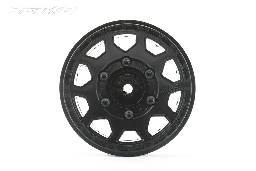 A single black Jetko 2.8-inch RC monster truck wheel rim viewed from the front against a white background.