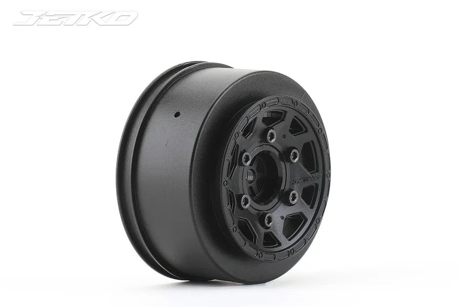 A single black Jetko 1/10 scale short course RC car rim viewed from a three-quarter angle against a white background.