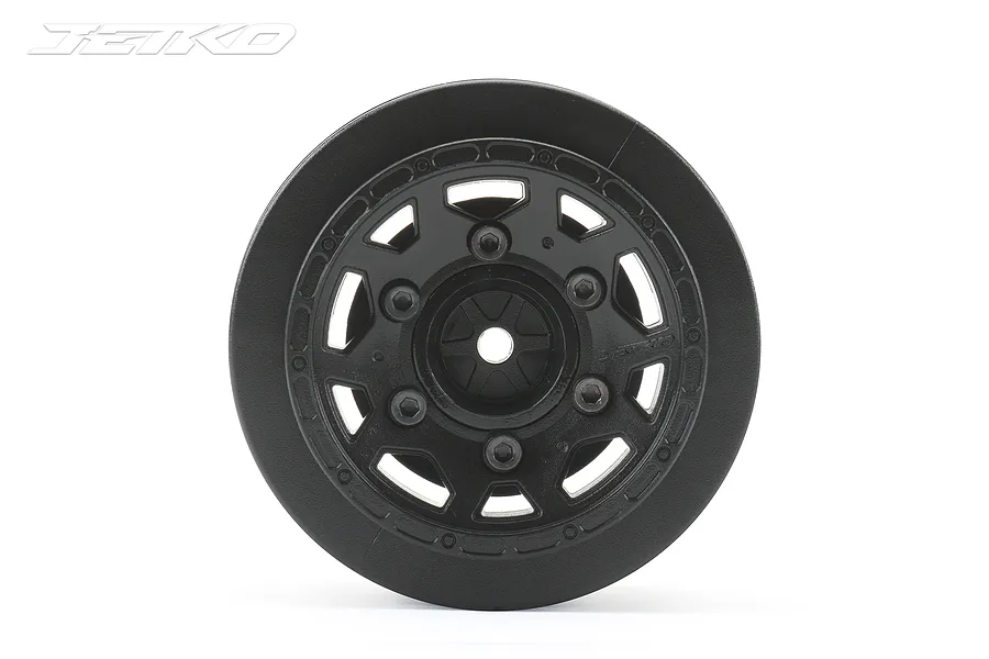 A single black Jetko 1/10 scale short course RC wheel rim viewed from the front against a white background.