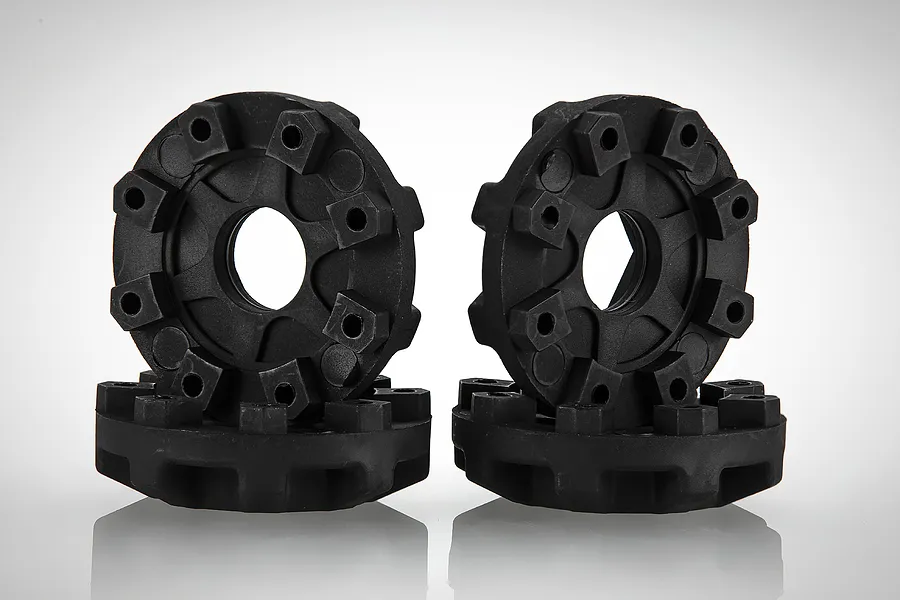 Two black Jetko 17mm narrow wheel connectors for RC cars, shown from front and side angles against a white background.