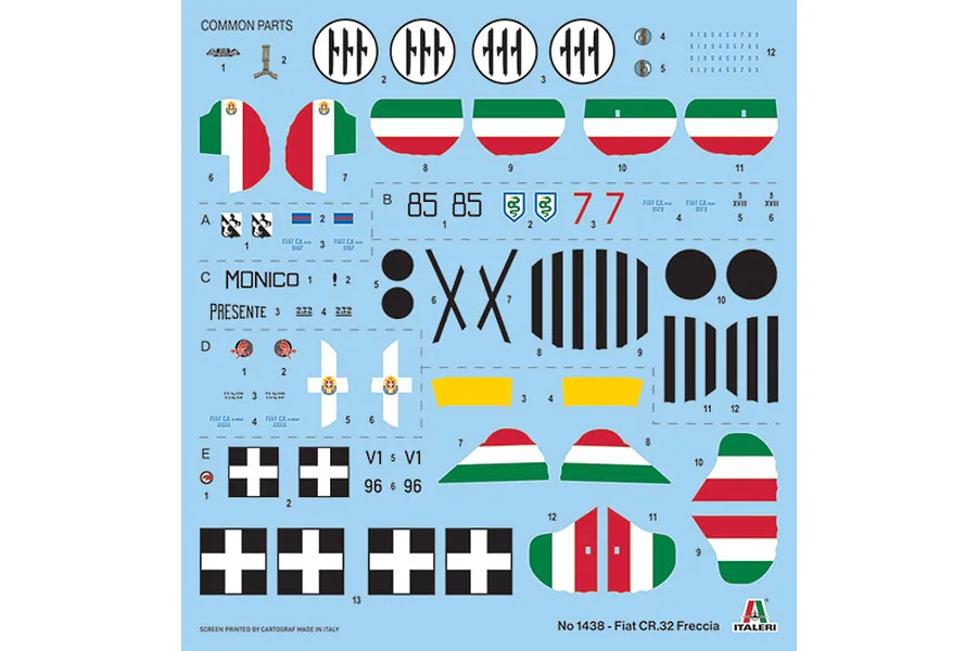 A decal sheet for an Italeri 1/72 scale Fiat CR.32 Freccia model kit, featuring various national insignias, markings, and tail flags.