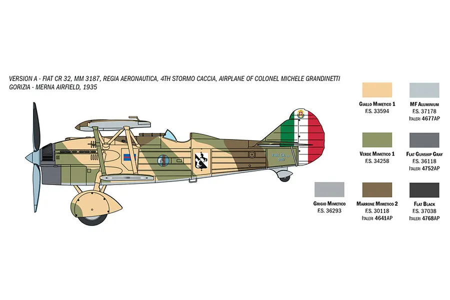 A side-profile illustration of a Fiat CR 32 biplane model kit, showing camouflage paint scheme and a color reference chart for Italeri paints.