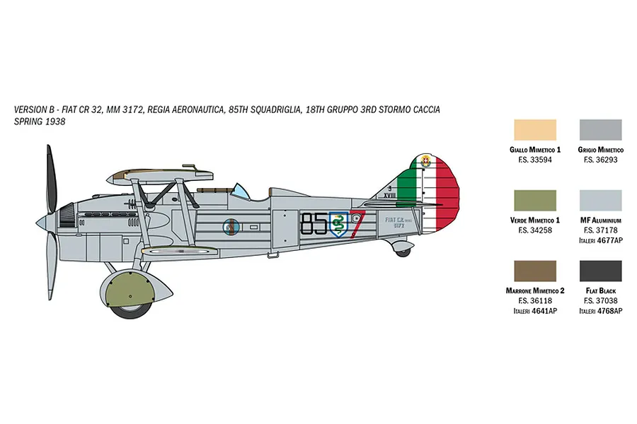 A technical illustration of a Fiat CR 32 biplane showing side profile markings and a color paint guide for the Italeri model kit.