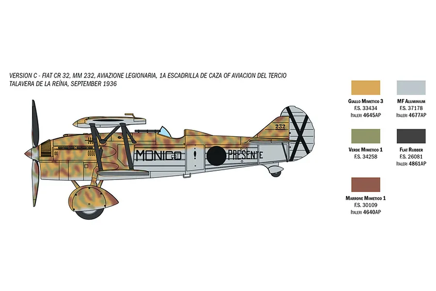 A digital painting showing the side profile of a Fiat CR 32 biplane with camouflage markings and a color guide for painting the model.