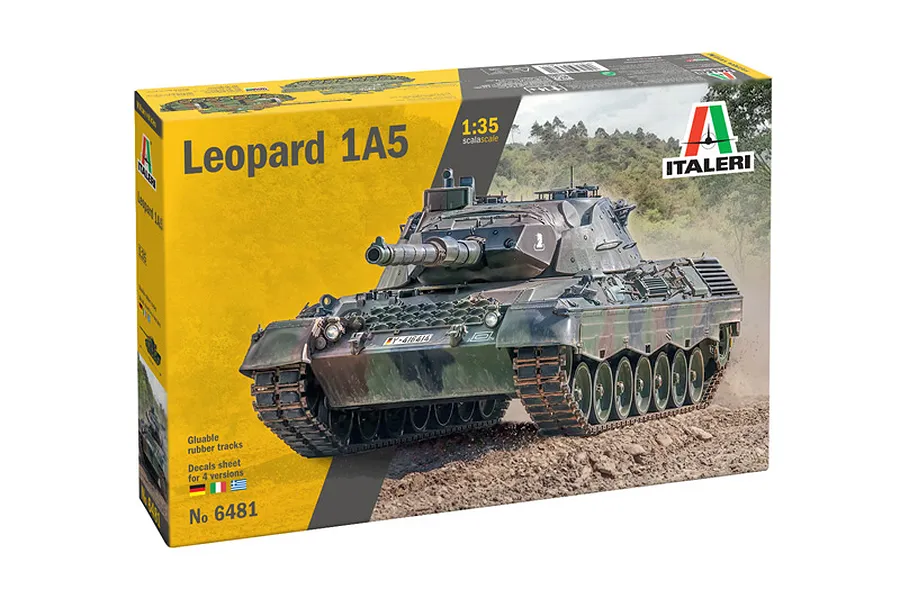 Italeri 1/35 scale Leopard 1A5 tank plastic model kit box, featuring an illustration of the tank on a dirt field.