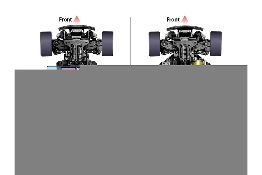 Top-down diagram of a Tamiya MB-01 RC chassis showing two different component layout configurations with labels for motor, servo, ESC, receiver, and battery.