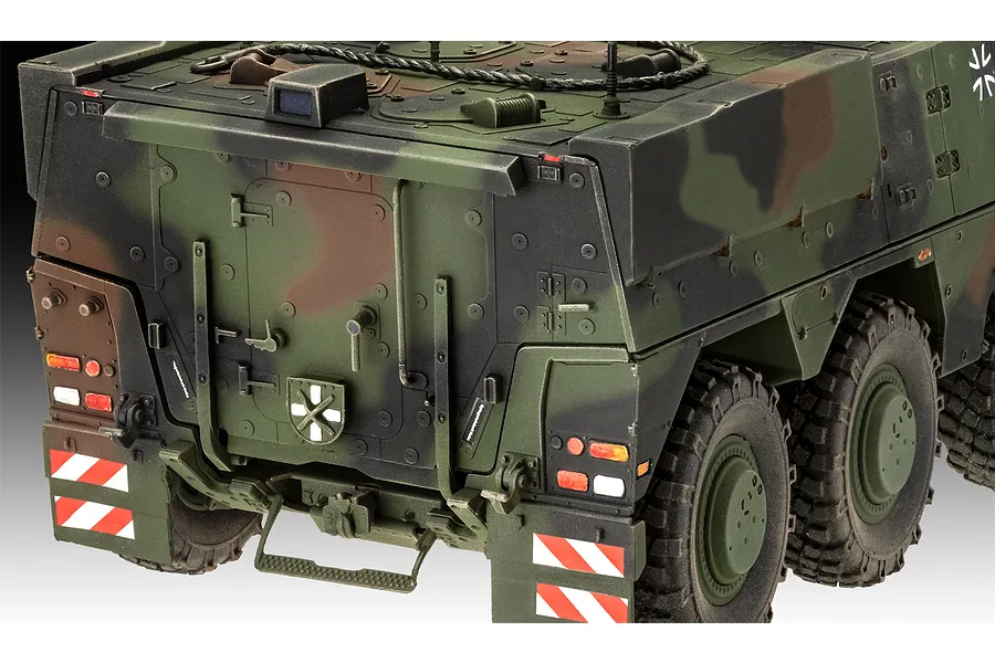 Close-up of the rear section of a painted 1/35 scale German GTK Boxer military vehicle model kit.