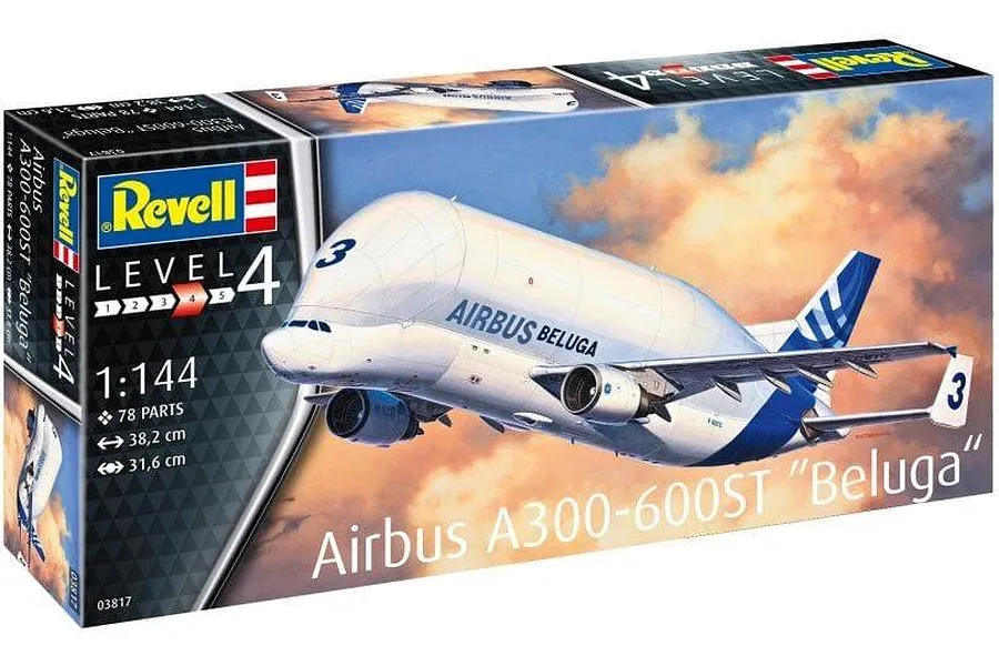 Revell 1/144 scale Airbus A300-600ST Beluga plastic model kit box showing the aircraft in flight against a sunset sky.