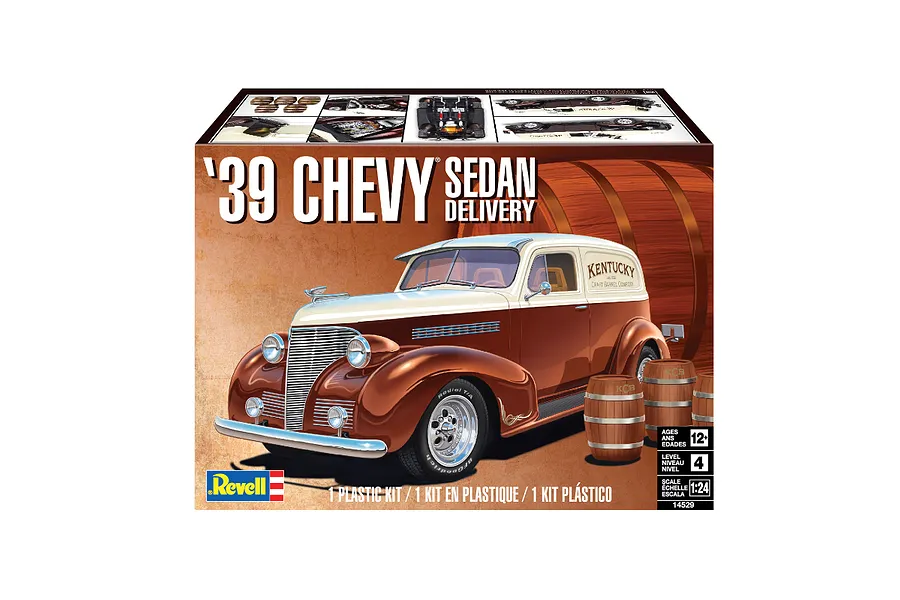 Product box for a Revell 1/24 scale 1939 Chevy Sedan Delivery plastic model kit, featuring an illustration of a brown and cream vintage delivery van.