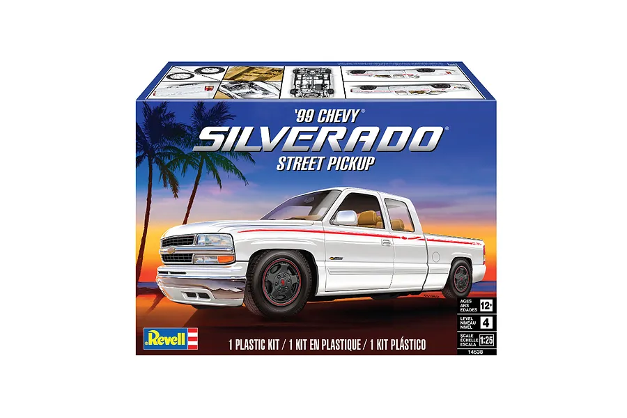 Revell 1/25 scale 1999 Chevy Silverado Street Pickup plastic model kit box art showing a white custom truck against a sunset background.
