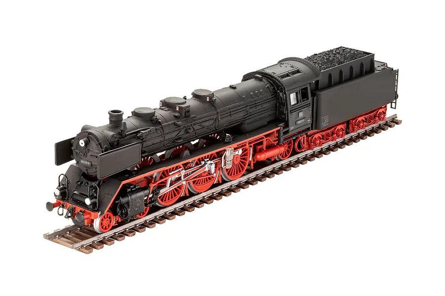 A high-angle studio shot of a Revell 1/87 scale Baureihe 03 steam locomotive model kit on a short section of railway track.