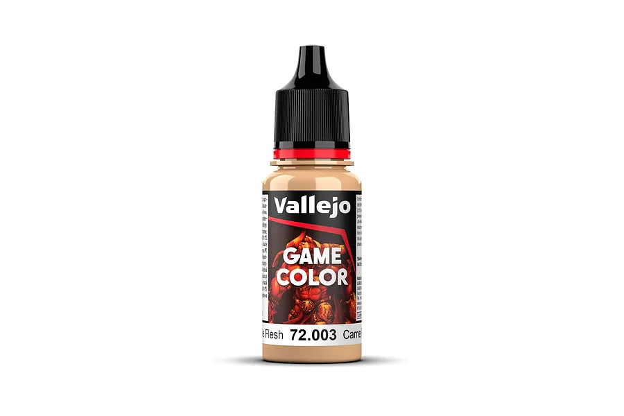A 18ml bottle of Vallejo Game Color Pale Flesh acrylic paint with a black dropper cap, centered on a white background.
