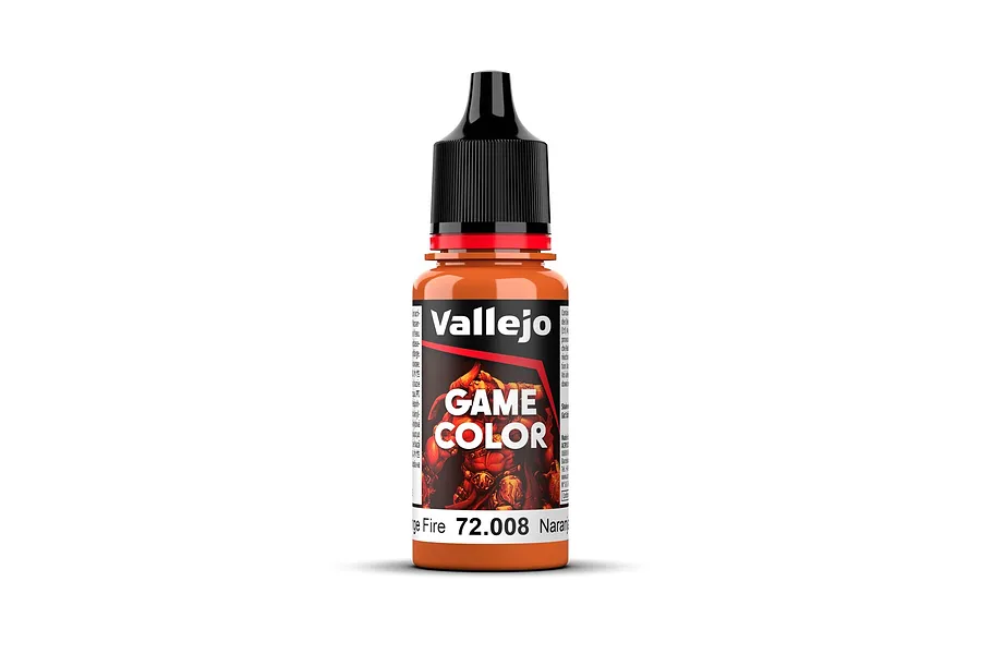 A bottle of Vallejo Game Color Orange Fire acrylic paint, SKU 72.008, featuring a black dropper cap and orange label with a fantasy character illustration.