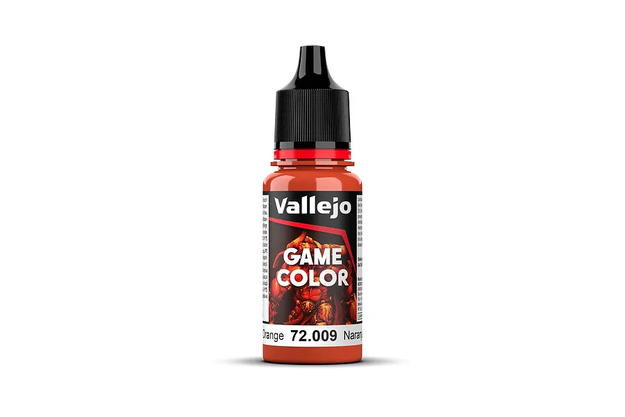 A bottle of Vallejo Game Colour Hot Orange acrylic paint, 18ml, featuring a black dropper cap and a label with the product name and code 72.009.