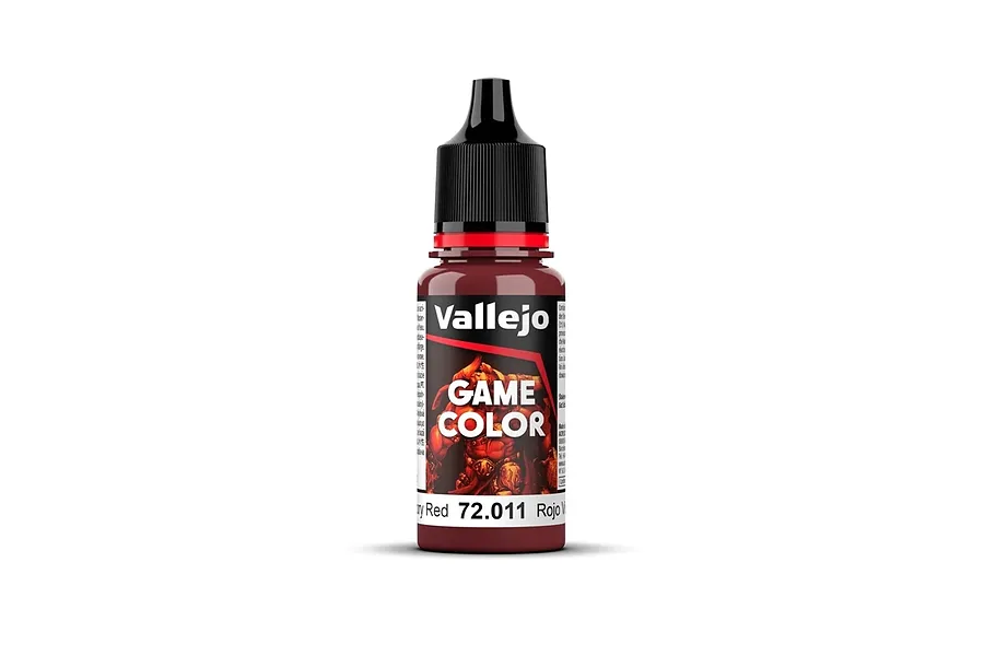 A bottle of Vallejo Game Color Gory Red acrylic paint, 18ml, featuring a red label with a fantasy character illustration.