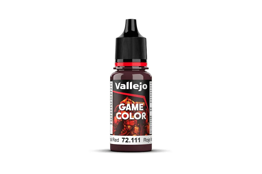 A 18ml bottle of Vallejo Game Color Nocturnal Red acrylic paint, featuring a black dropper cap and a label with the product name and code 72.111.