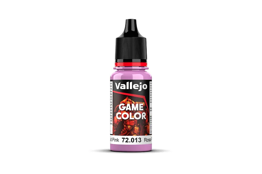 A 18ml bottle of Vallejo Game Colour Squid Pink acrylic paint, featuring a black dropper cap and a label with the product name and code 72.013.
