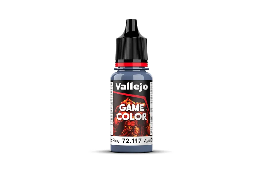 A bottle of Vallejo Game Color Elfic Blue acrylic paint, 18ml, featuring a black dropper cap and a label with the product name and code 72.117.