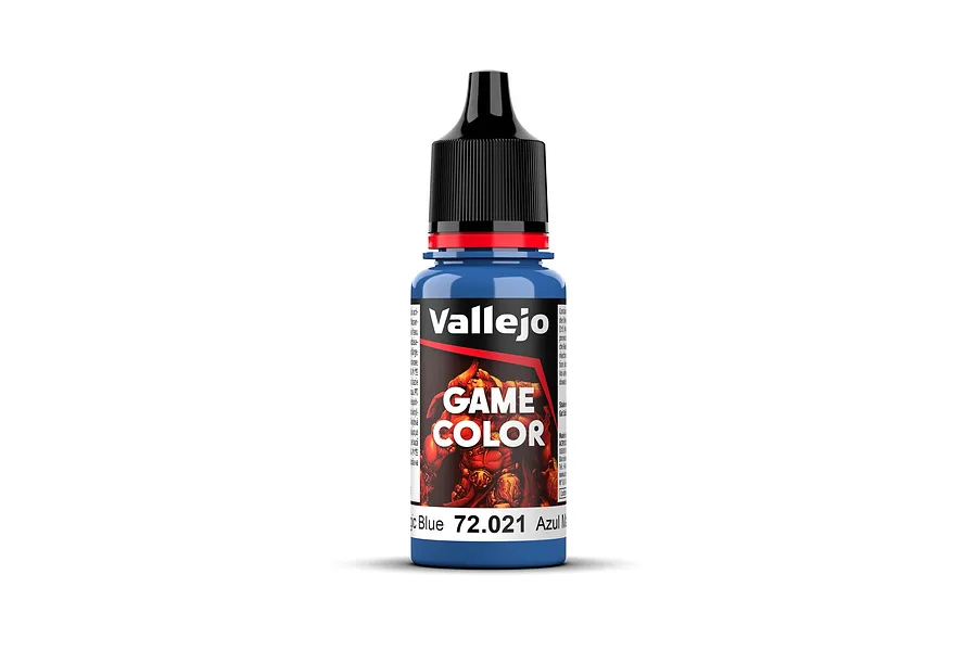 A 18ml bottle of Vallejo Game Color Magic Blue acrylic paint with a black dropper cap, standing against a white background.