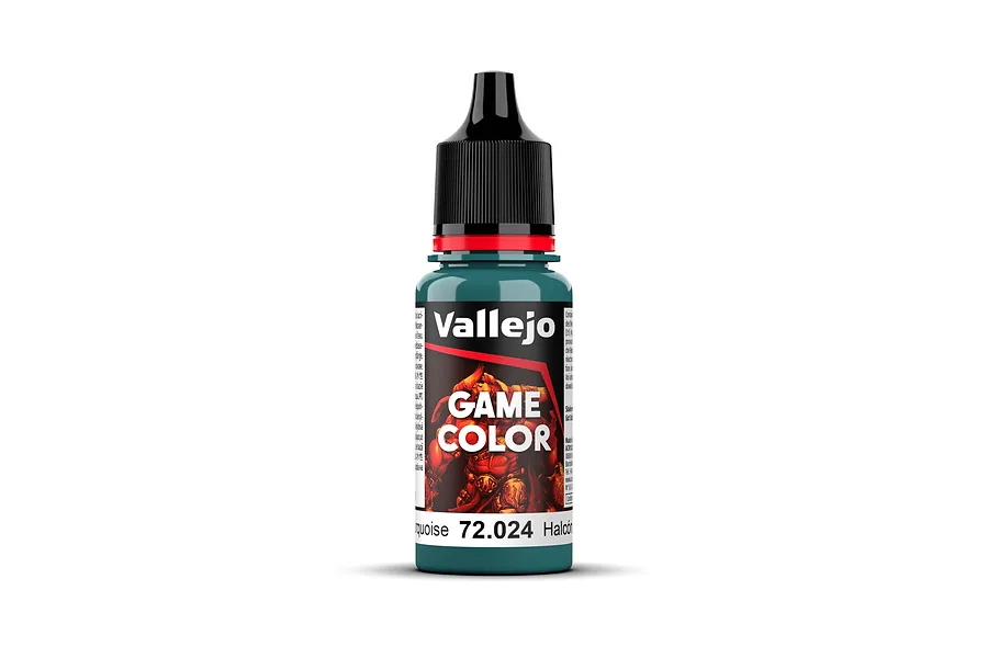 A bottle of Vallejo Game Color Turquoise acrylic paint, 18ml, featuring a black dropper cap and a label with the product name and model number 72.024.