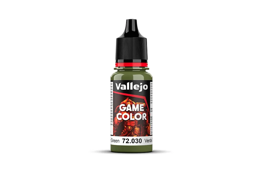 A 18ml bottle of Vallejo Game Color Goblin Green acrylic paint, featuring a black dropper cap and a label with the product name and code 72.030.