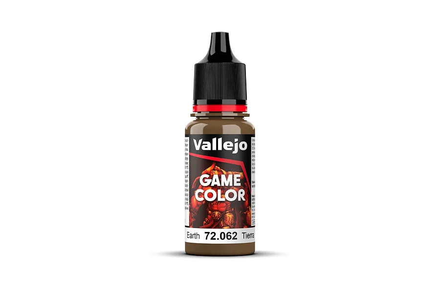 A 18ml bottle of Vallejo Game Colour Earth acrylic paint, featuring a black dropper cap and a label with the product name and colour code 72.062.
