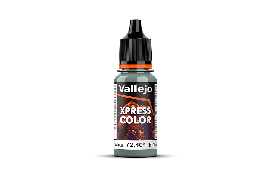 A bottle of Vallejo Xpress Color Templar White acrylic paint, 18ml, featuring a black dropper cap and a label with the product name and code 72.401.