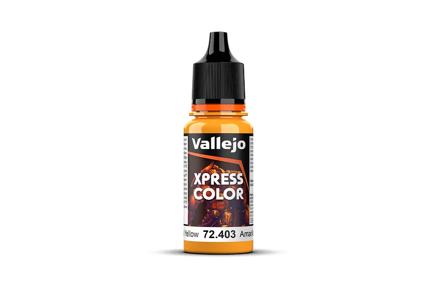 A bottle of Vallejo Xpress Color Imperial Yellow acrylic paint, 18ml, featuring a black dropper cap and orange label.