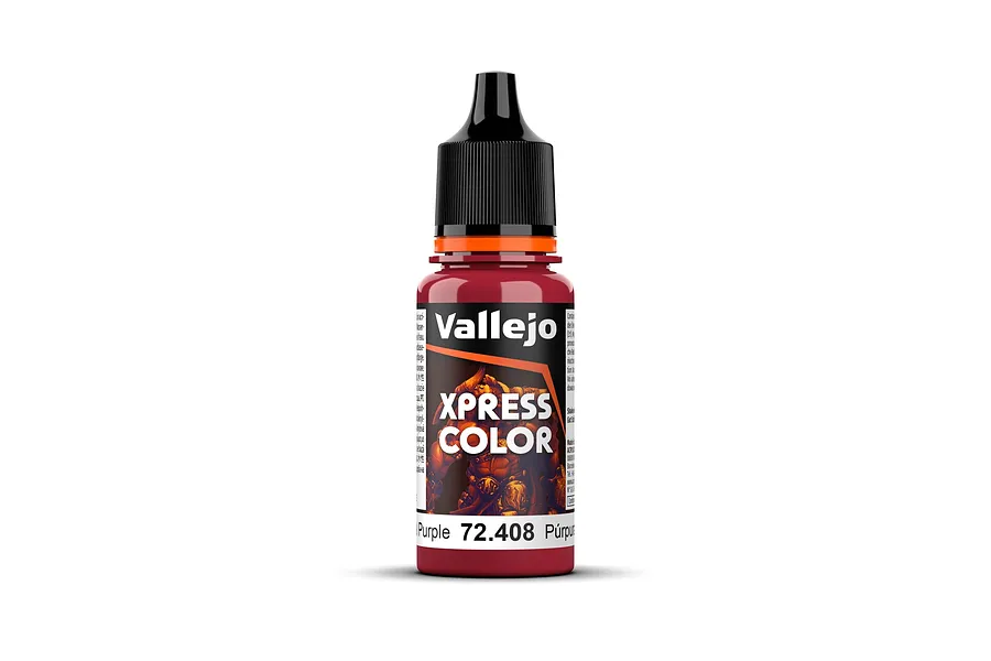 A 18ml bottle of Vallejo Xpress Color Cardinal Purple acrylic paint, featuring a black dropper cap and a label with the product name and code 72.408.