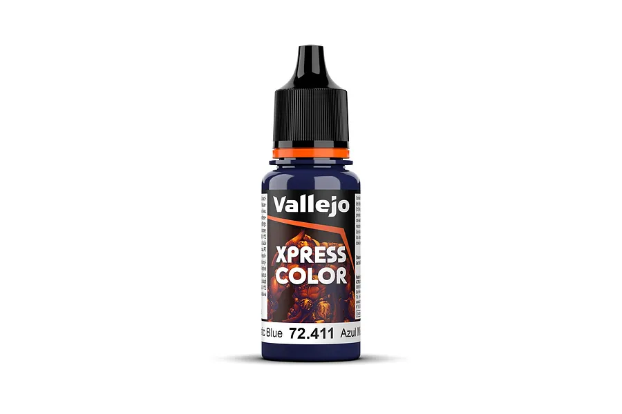 A 18ml bottle of Vallejo Xpress Color Mystic Blue acrylic paint, featuring a black dropper cap and a label with the product name and code 72.411.