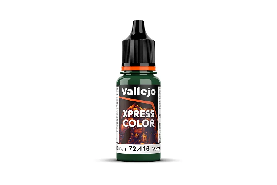 A bottle of Vallejo Xpress Color Troll Green acrylic paint, 18ml, featuring a black dropper cap and a label with the product name and code 72.416.