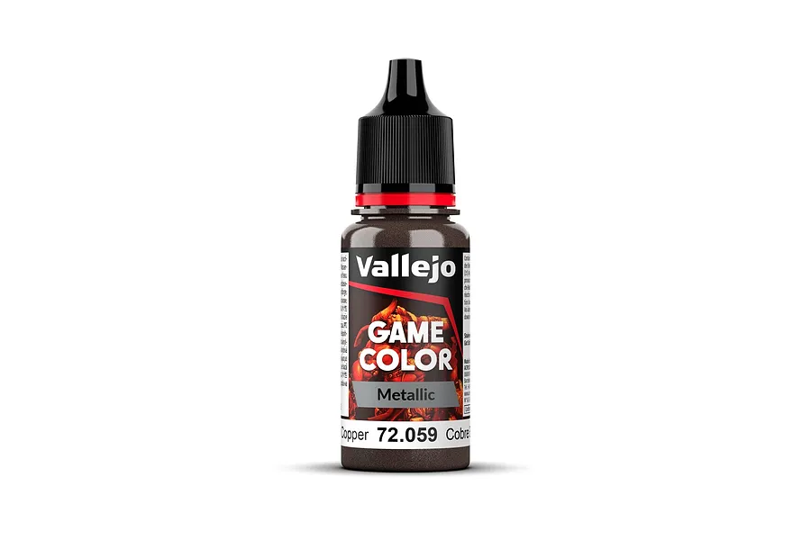 A bottle of Vallejo Game Color Metallic Copper acrylic paint, 18ml, with a black dropper cap and a label showing the product name and SKU 72.059.