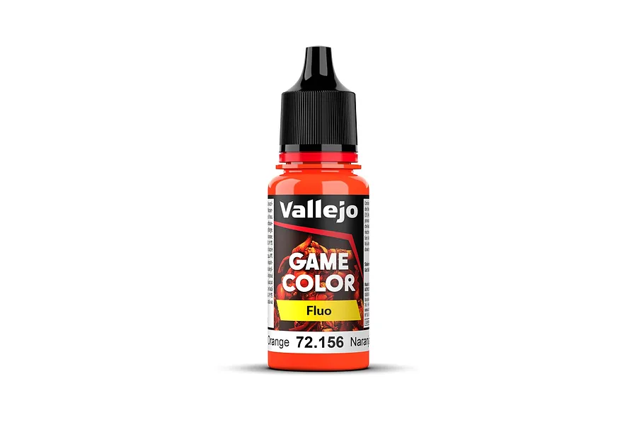 A bottle of Vallejo Game Color Fluorescent Orange acrylic paint, SKU 72.156, featuring a black dropper cap and a bright orange label.