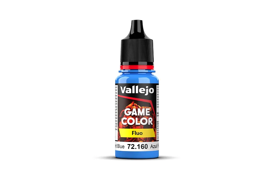 A 18ml bottle of Vallejo Game Color Fluorescent Blue acrylic paint, featuring a black dropper cap and a label with the product name and SKU 72.160.