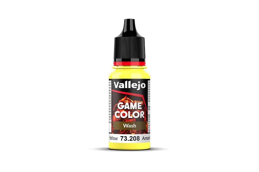 A 18ml bottle of Vallejo Game Color Wash Yellow acrylic paint, featuring a black dropper cap and a label with the product name and SKU 73.208.