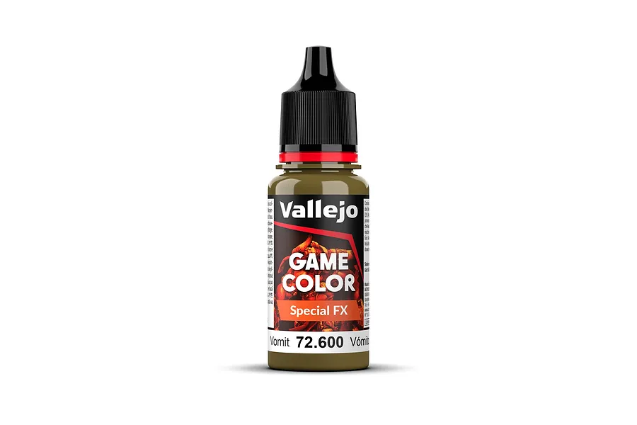 A 18ml bottle of Vallejo Game Colour Special FX Vomit acrylic paint, featuring a black dropper cap and a label with the product name and code 72.600.