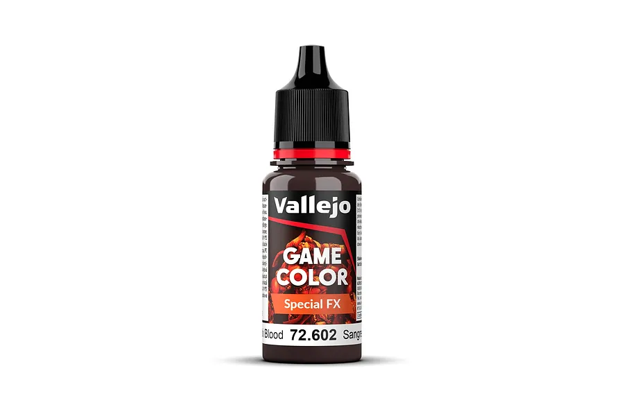 A 18ml bottle of Vallejo Game Colour Special FX Thick Blood acrylic paint, featuring a black dropper cap and a label with the product name and code 72.602.