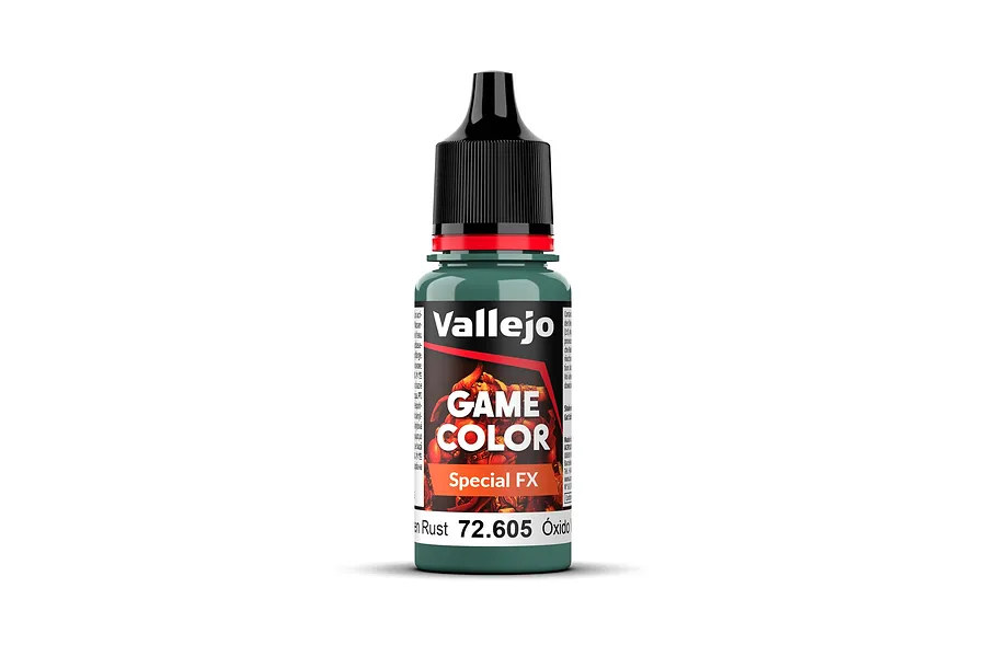 A 18ml bottle of Vallejo Game Color Special FX Green Rust acrylic paint, featuring a black dropper cap and a label with branding and product information.