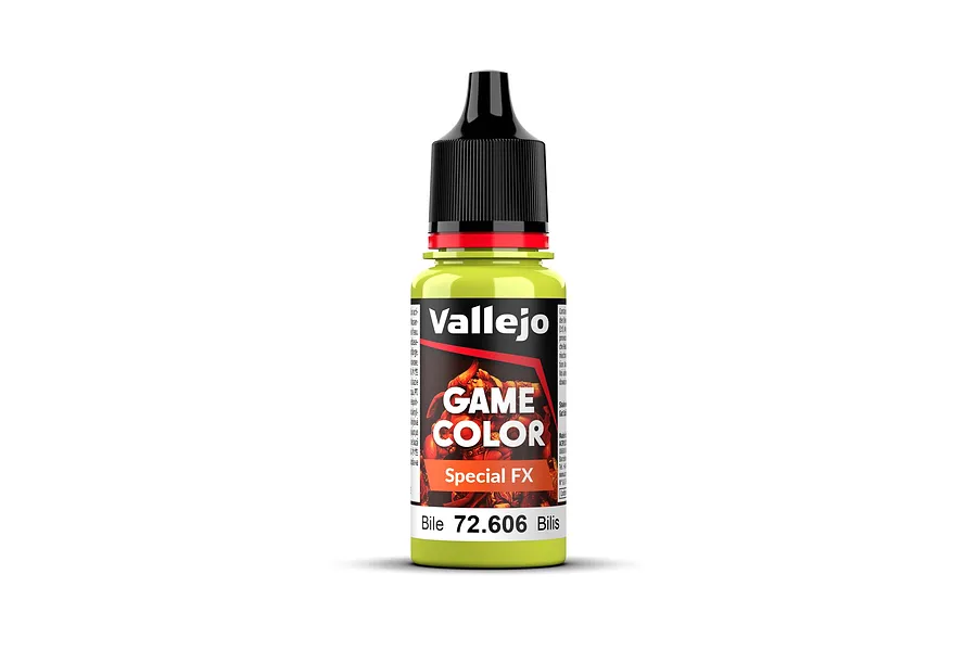 A bottle of Vallejo Game Color Special FX Bile acrylic paint, 18ml, featuring a yellow squeeze bottle with a black cap and label.